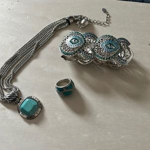Silver + Teal and White Gems, Necklace,Bracelet, and Ring Bundle.
